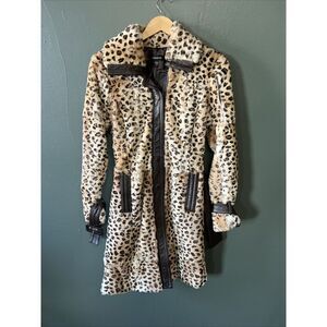 VINTAGE BEBE RABBIT FUR COLLAR LEATHER JACKET SMALL Y2K COAT BELT LEOPARD RARE